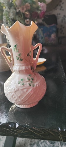 Belleek handled vase with - handled,